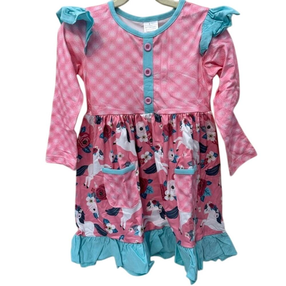 Baby Toddler Girls 6-12 (2XS) Months Okie & Lou Pink Unicorn Floral Ruffle Dress